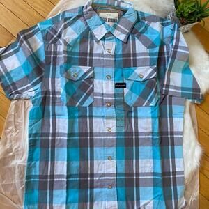 Ditch plains Vibrant Blue and Gray Plaid Button Down Shirt, Large